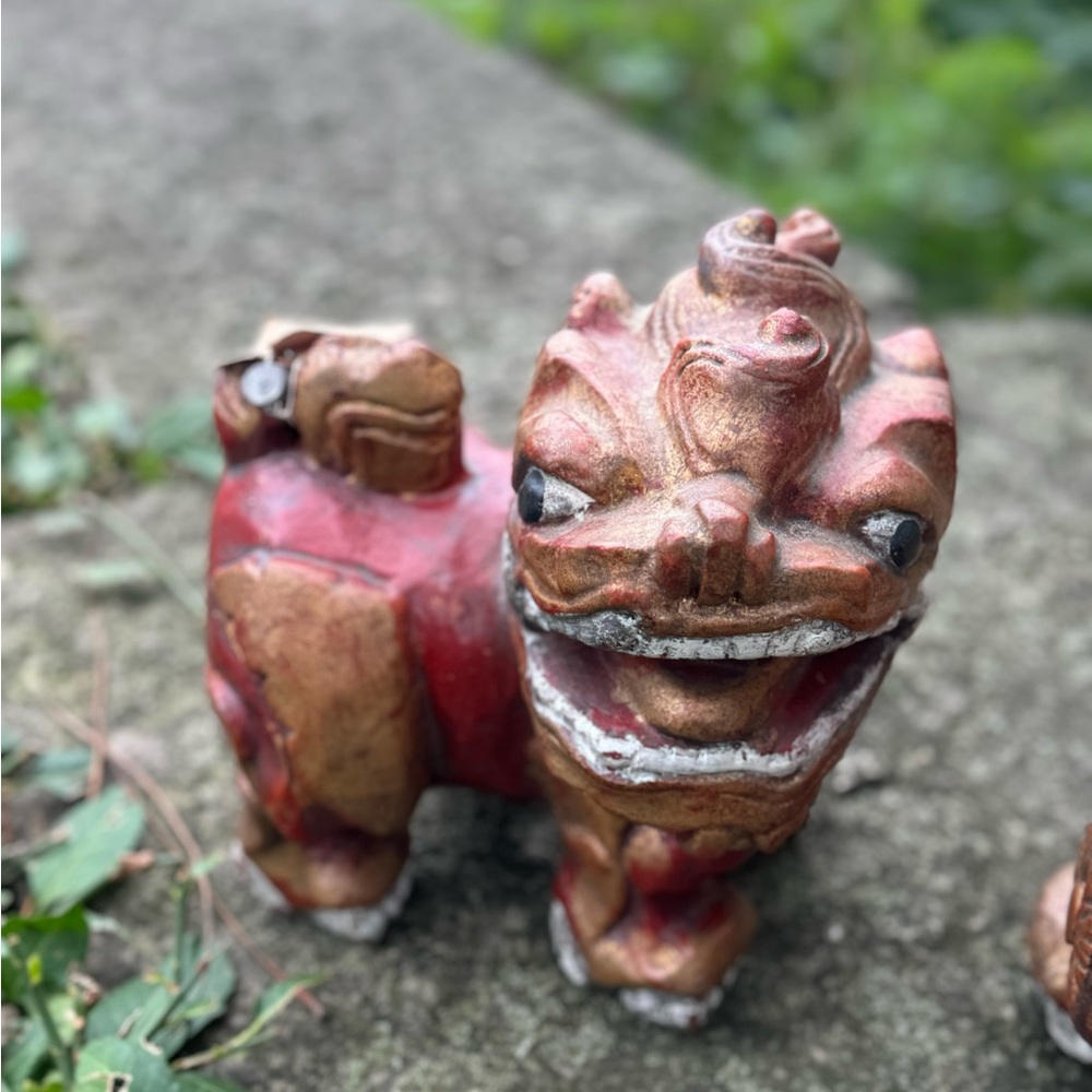 2 Vintage Carved Wood Thai Guardian Foo Dog Statues - Picture 12 of 16
